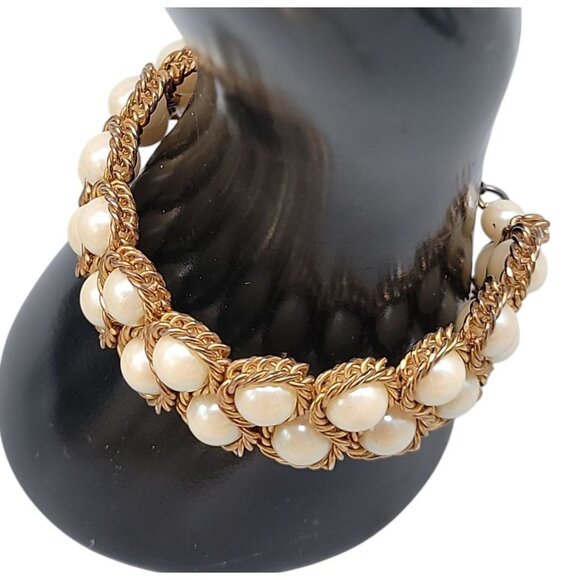 Vtg Vermeil Imitation Pearl Double Woven Row Bracelet Gold on Sterling Silver - Picture 14 of 14